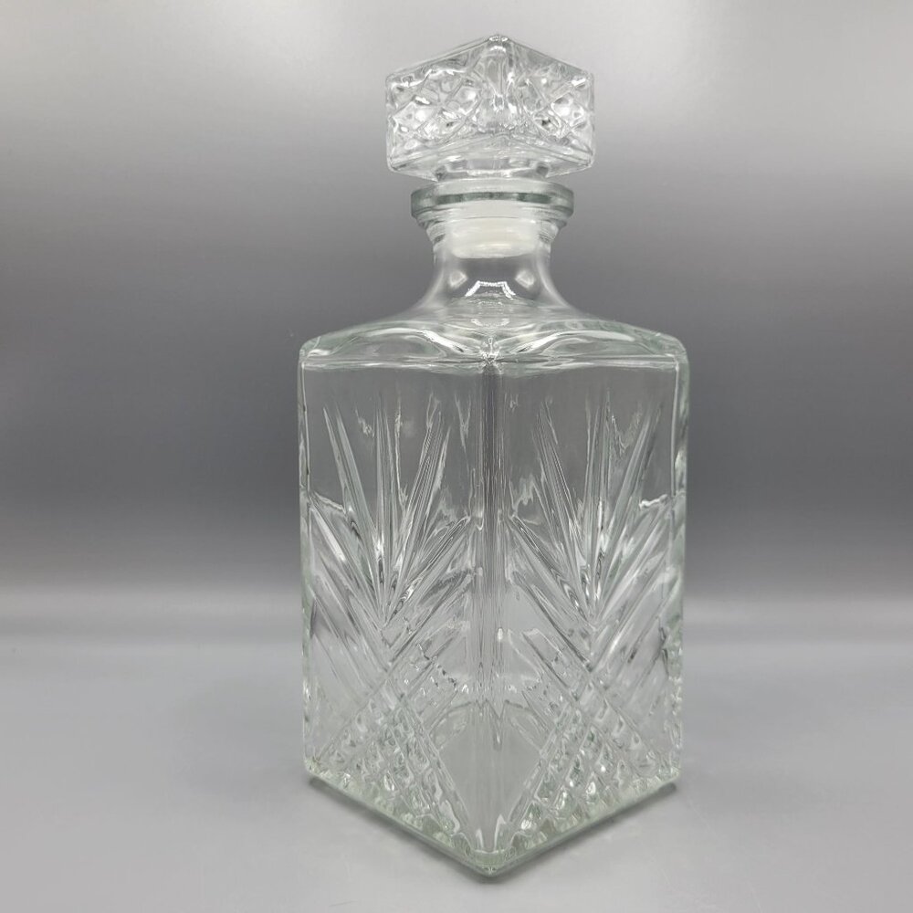 Vintage Clear Glass Whiskey Decanter With Diamond Cut Stopper Lid